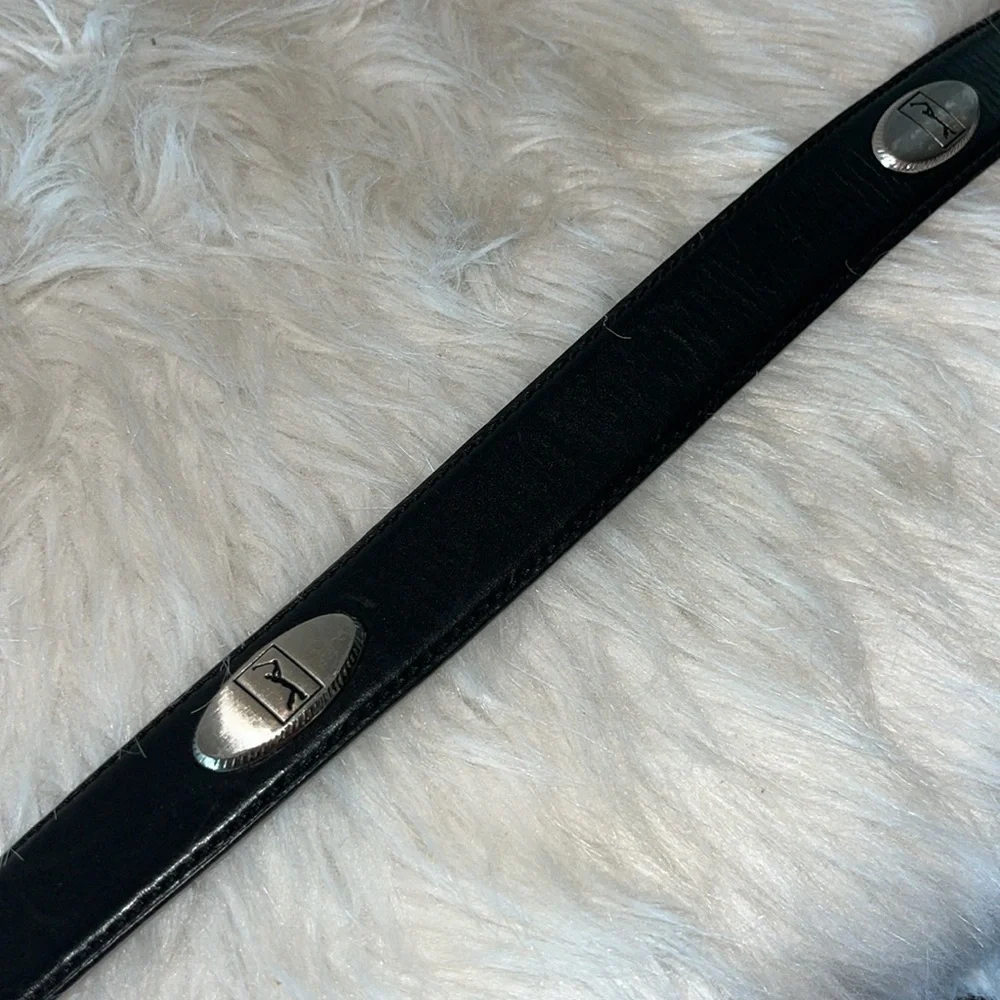 Black leather belt with silver tone golfer/golf conchos and metal tip est men XL